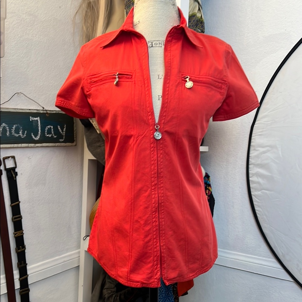 GIANNI VERSACE red vintage zip up Shirt light top Short Sleeve Fitted